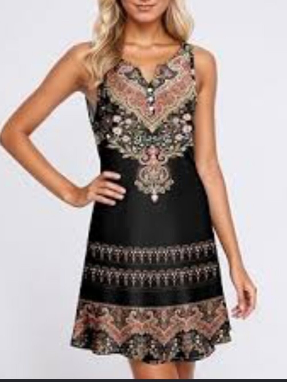 Boho Sleeveless Floral Border Print Mini Dress - Size L Large